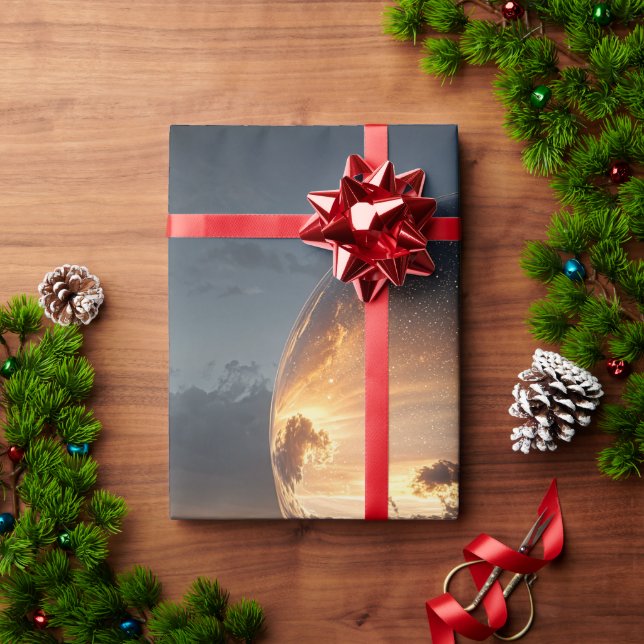 Surreal reflekterande sfär med solnedgångsmoln öve presentpapper (Julgåva)