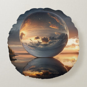 Surreal reflekterande sfär med solnedgångsmoln öve rund kudde