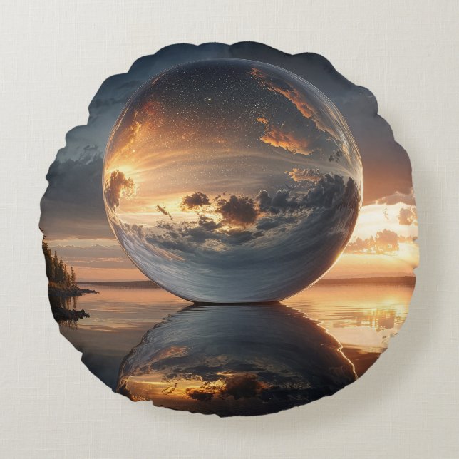 Surreal reflekterande sfär med solnedgångsmoln öve rund kudde (Framsidan)