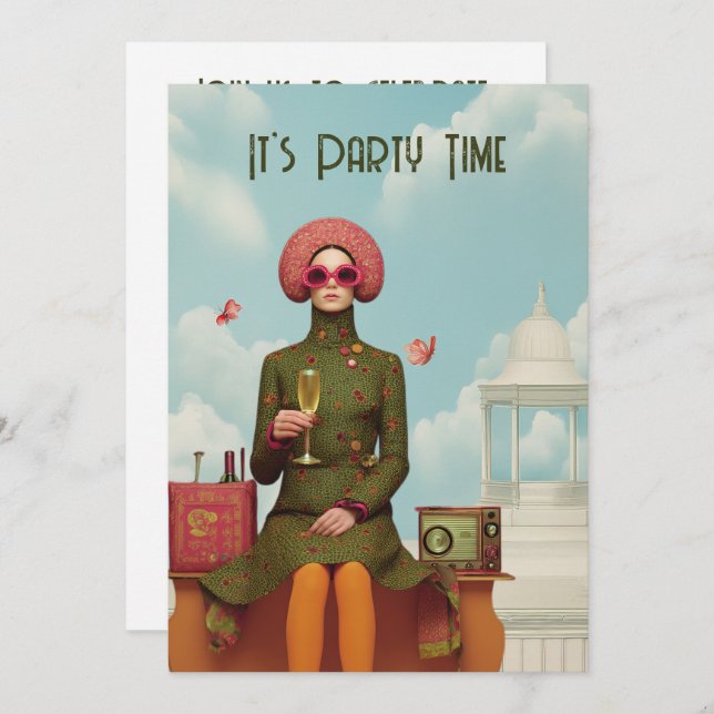 Surreal Retro Mod Girl Party Inbjudan (Fram/baksida)