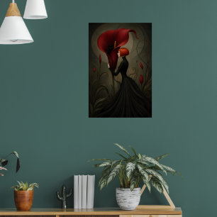 Surreal röd Calla-lilja Kvinna Svart katt Gotisk Poster