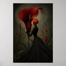 Surreal röd Calla-lilja Kvinna Svart katt Gotisk Poster