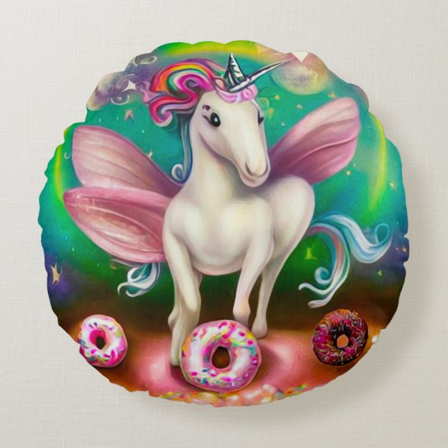 Surreal Rosa Donuts Unicorn Rund Kudde (Framsidan)