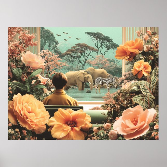 Surreal Safari Scene With Elephants Zebras Poster (Framsidan)
