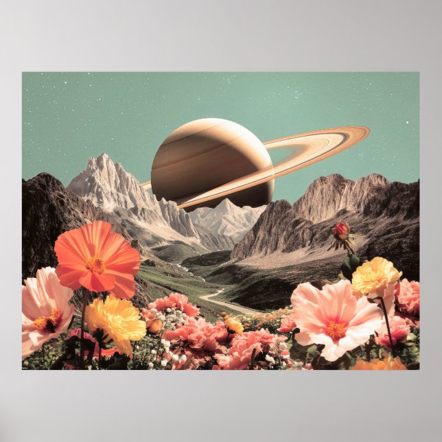 Surreal Saturnus over Mountain Valley Poster (Framsidan)
