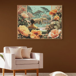 Surreal savannscen med elefanter och zebror poster