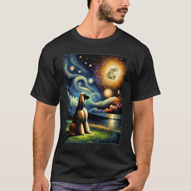 Surreal Starry Night Afghan Hound Hund älskare T Shirt (Framsida)