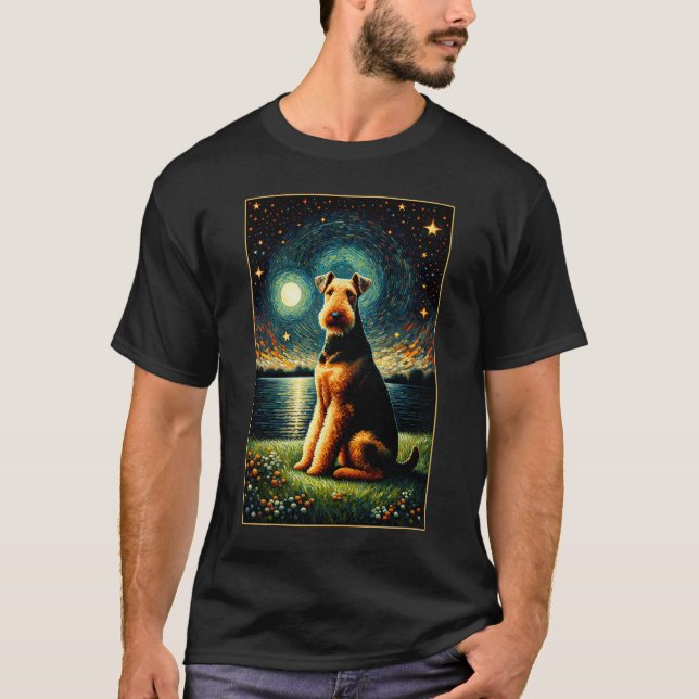 Surreal Starry Night Airedale Terrier Hund älskare T Shirt (Framsida)
