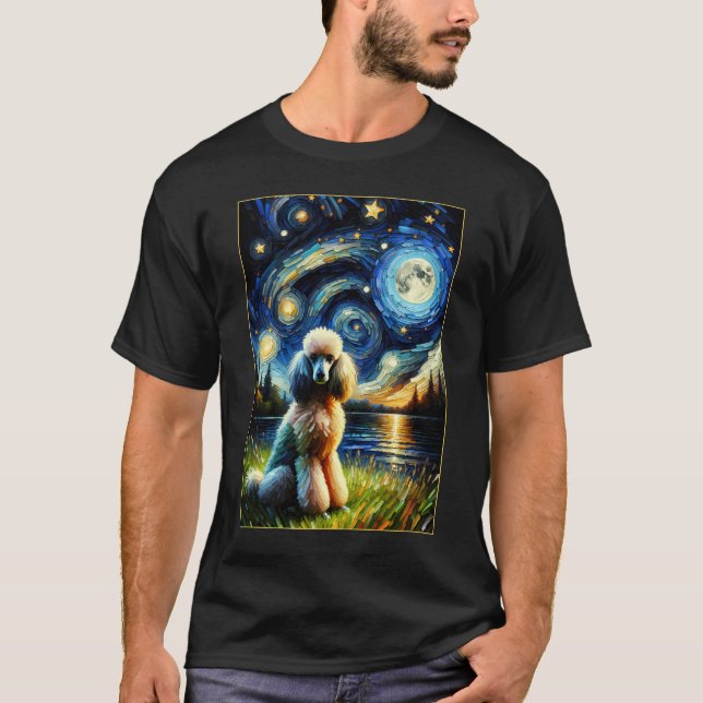 Surreal Starry Night Pudel Hund älskare T Shirt (Framsida)