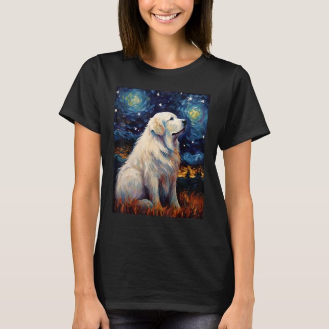 Surreal Starry Night Underbar Pyrenees Hund T Shirt (Framsida)