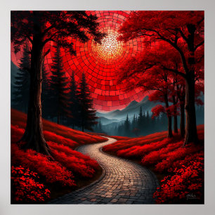 Surreal stig genom livfull röd skog poster