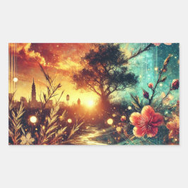 Surreal Sunset och Blommigt Skyline Artwork Rektangulärt Klistermärke