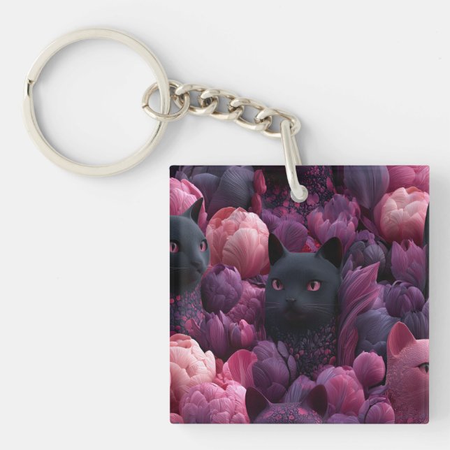 Surreal svart katt och rosa peony blommönster (Framsidan)
