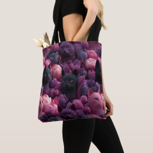 Surreal svart katt och rosa peony blomster mönster tygkasse