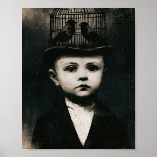Surreal svart och vit burfågelhatt barn poster (Framsidan)