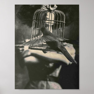 Surreal svart-vit burfågel och damen poster
