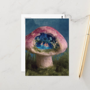 Surreal Swimming Bassäng i ett Rosa Mushroom Vykort