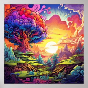 Surreal symfoni: Psychedelic Hillside Sunset Poster