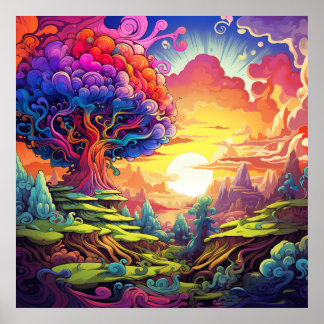 Surreal symfoni: Psychedelic Hillside Sunset Poster