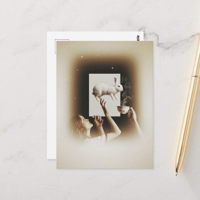 Surreal tea med vit bunny vykort (Fram/Back In Situ)