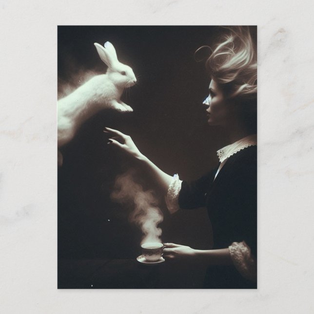 Surreal tea med vit kanin Fantasy Art Vykort (Framsida)