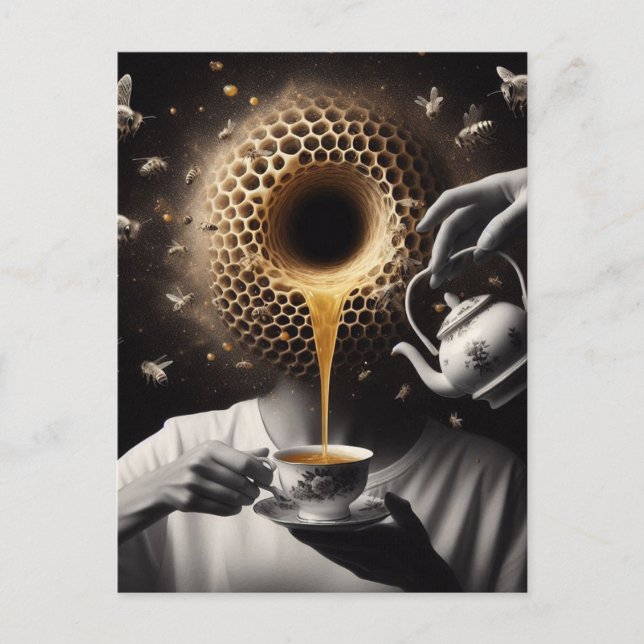 Surreal tea-tid med bin vykort (Framsida)
