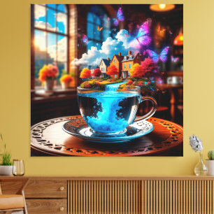 Surreal teacuppscen med färgglada hus canvastryck