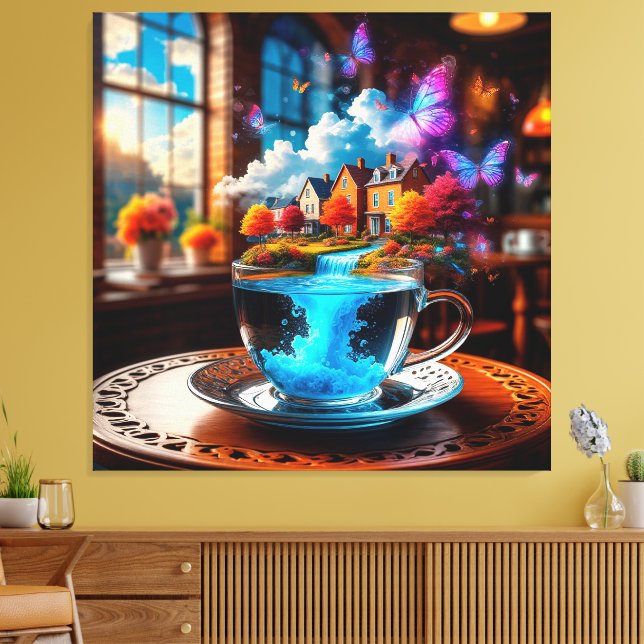Surreal teacuppscen med färgglada hus canvastryck (Insitu (Vardagsrum))