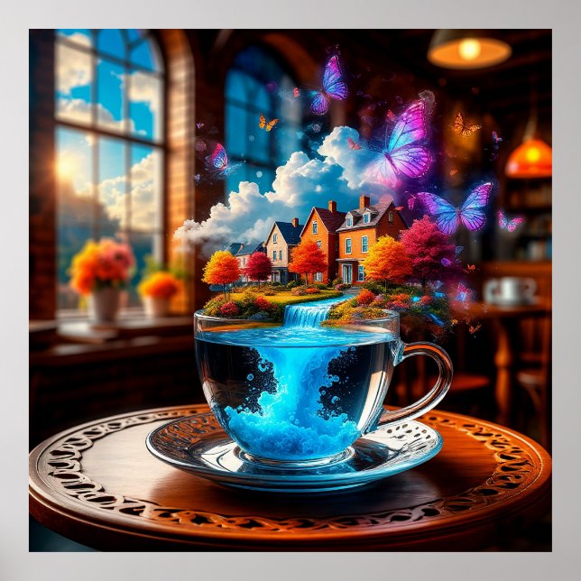 Surreal teacupscen med färgglada hus poster (Framsidan)