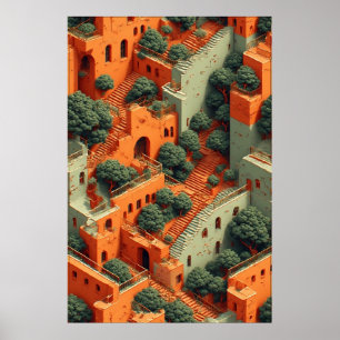 Surreal Terraced Village med Träd och trappor Poster