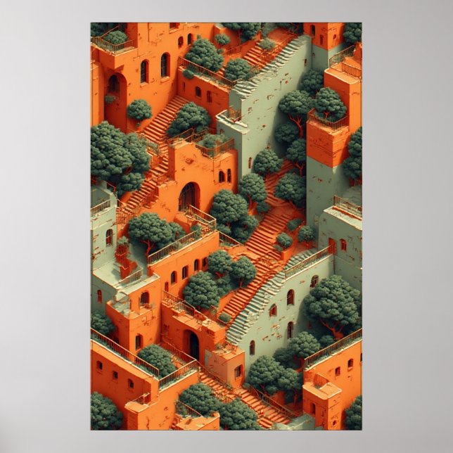 Surreal Terraced Village med Träd och trappor Poster (Framsidan)