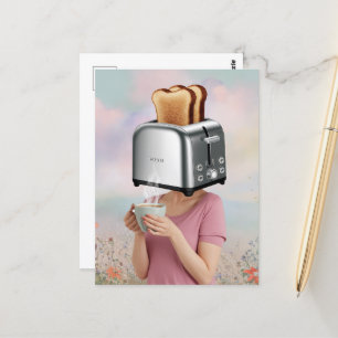Surreal Toaster Head Breakfast Woman Holds Coffee Vykort