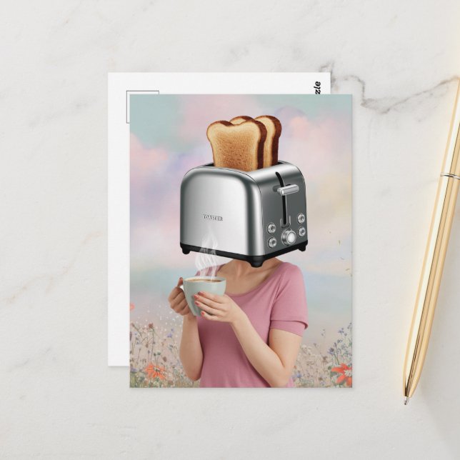 Surreal Toaster Head Breakfast Woman Holds Coffee Vykort (Fram/Back In Situ)