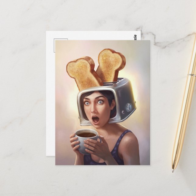 Surreal Toaster Head Breakfast Woman Vykort (Fram/Back In Situ)