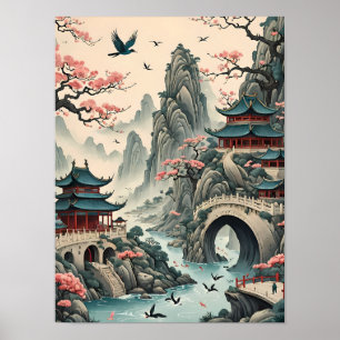 Surreal Traditionell kinesisk landskapsbild Poster