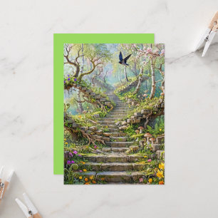 Surreal trappuppgång svalar vilda blommor vår kort