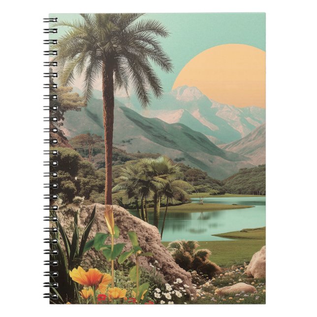 Surreal Tropical Sjö med Handflatan Träd Anteckningsbok (Framsidan)