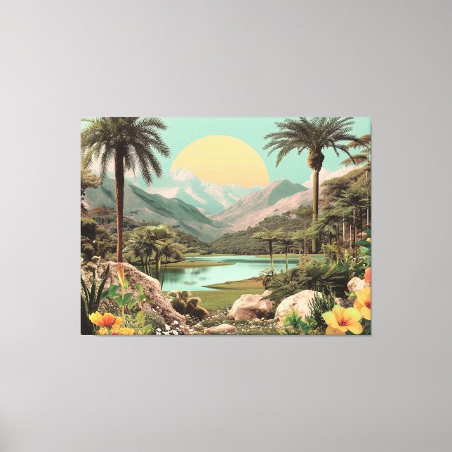 Surreal Tropical Sjö med Handflatan Träd Canvastryck (Framsida)