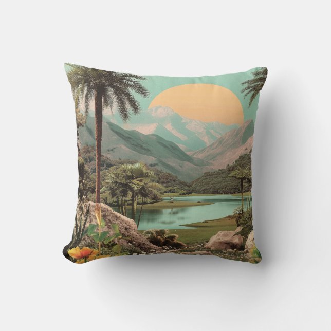 Surreal Tropical Sjö med Handflatan Träd Kudde (Framsida)