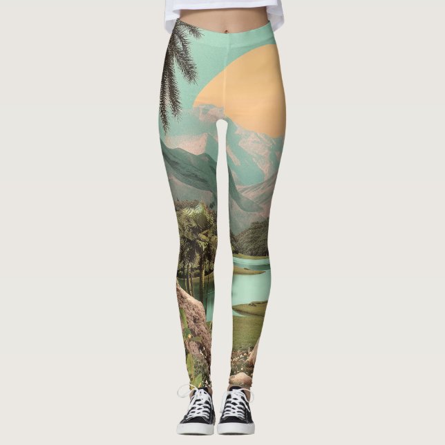 Surreal Tropical Sjö med Handflatan Träd Leggings (Framsida)