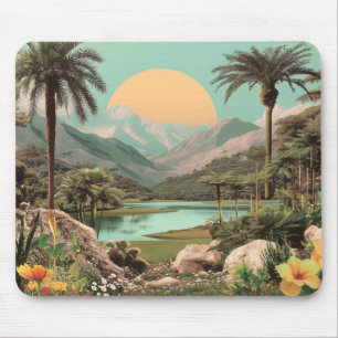 Surreal Tropical Sjö med Handflatan Träd Musmatta