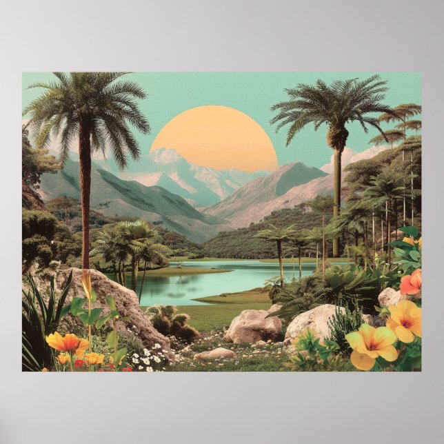 Surreal Tropical Sjö med Handflatan Träd Poster (Framsidan)