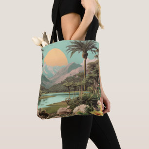 Surreal Tropical Sjö med Handflatan Träd Tygkasse