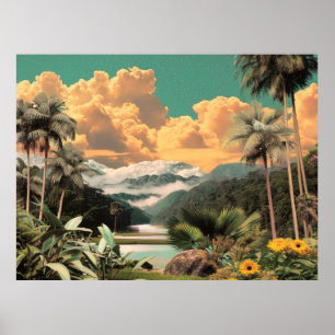 Surreal Tropical Valley med Handflatan Träd Poster