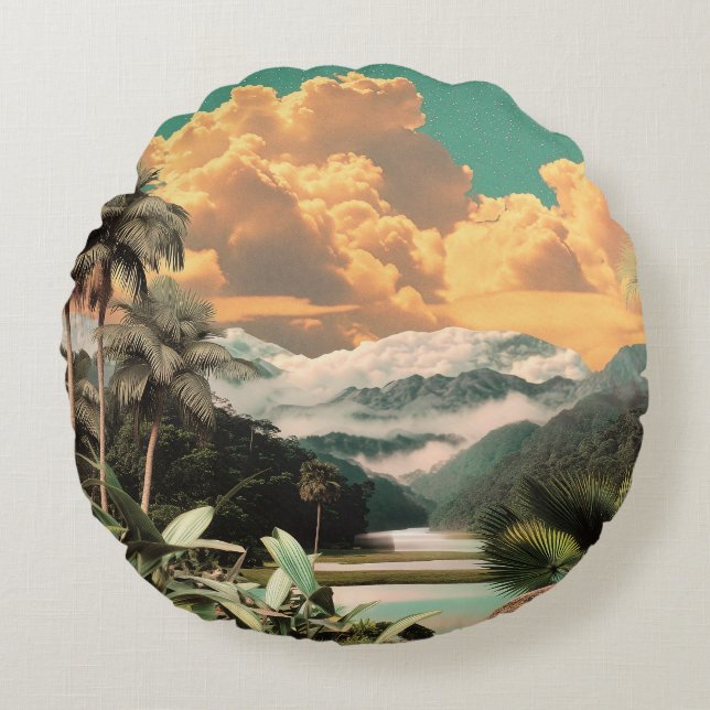 Surreal Tropical Valley med Handflatan Träd Rund Kudde (Framsidan)