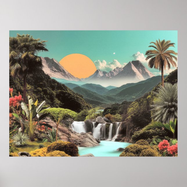 Surreal Tropical Valley med vattenfall Poster (Framsidan)