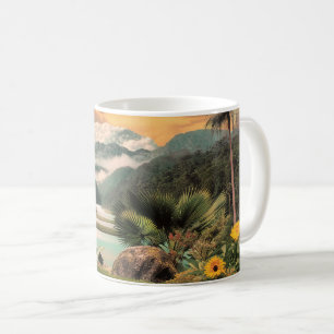 Surreal tropisk dal med palmer kaffemugg