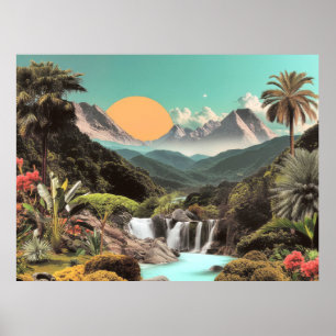 Surreal tropisk dal med vattenfall poster