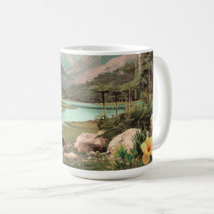 Surreal tropisk sjö med palmer kaffemugg