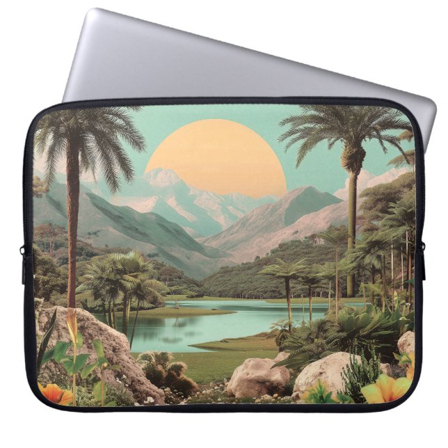 Surreal tropisk sjö med palmer laptop fodral (Framsidan)